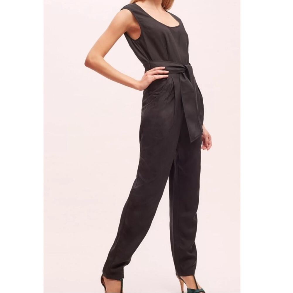 Anthropologie Maeve 8 Black Linen Blend Jumpsuit Tie Waist Pockets Sleeveless - Picture 8 of 9